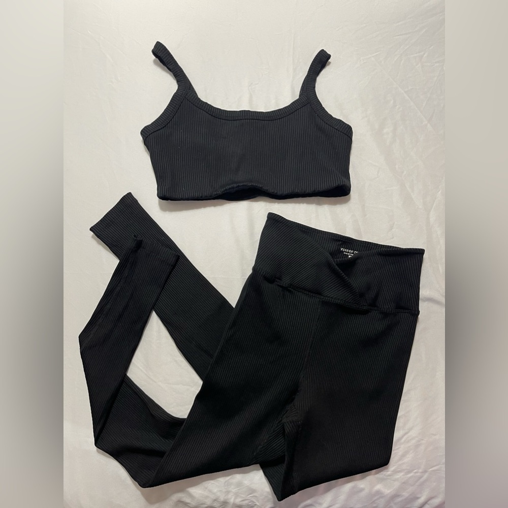 Year of Ours Black Ribbed Crop Tank & High-Waist Leggings Set